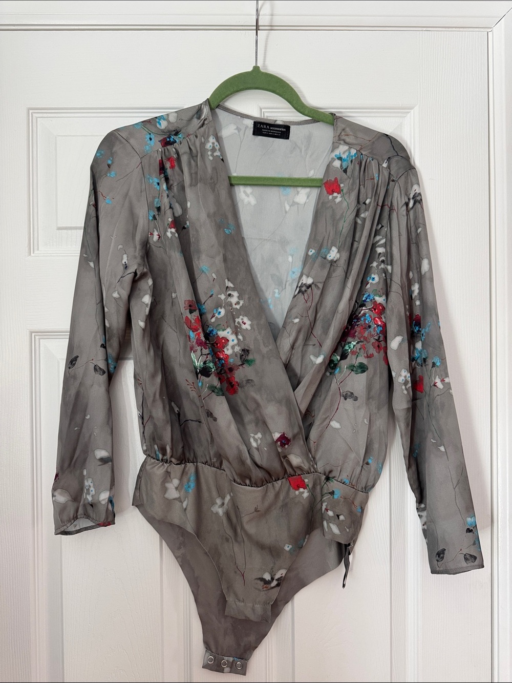 Zara Gray Floral Wrap Bodysuit with Red and Blue Accents